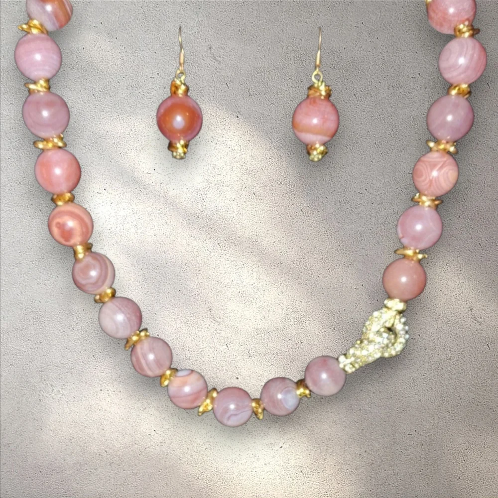 Banded agate set bead necklace pave crystal clasp matching gemstone earrings - Picture 3 of 16